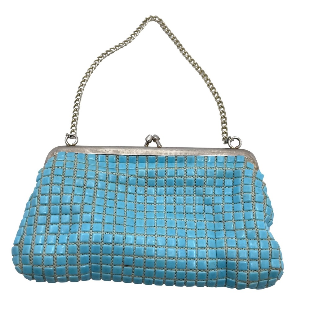 VTG Turquoise Mosaic Tile Bead Clutch Evening Bag Chain Strap Kiss‎ Lock Closure